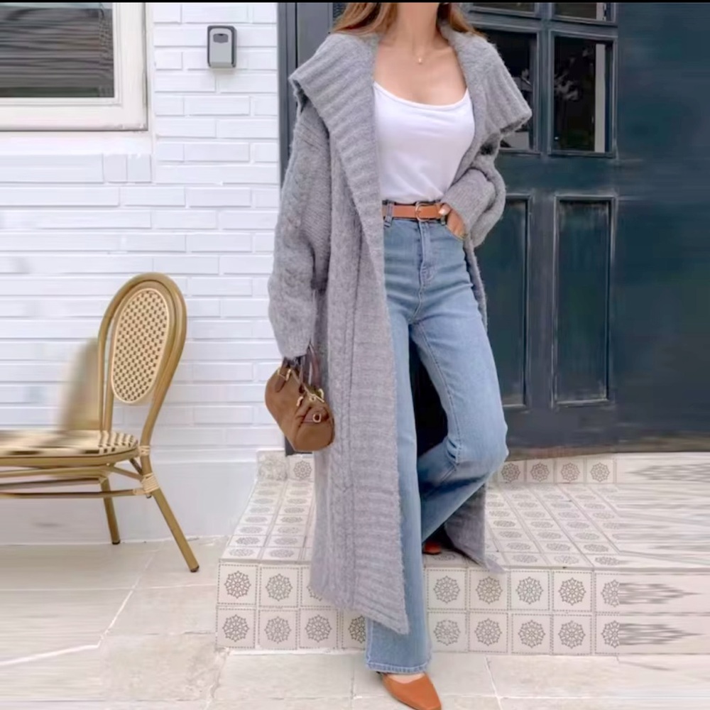 47. Silver grey OVERSIZED Gray Cardigan Chunky Long Duster fuzzy - Picture 2 of 5